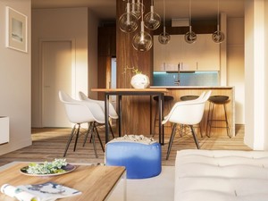 Table à manger avec la cuisine en arrière plan