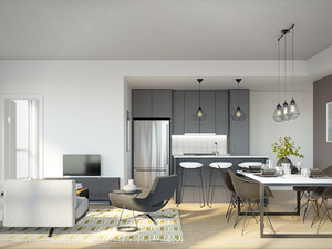 Salle à manger avec la cuisine en arrière plan des appartements Wilcox
