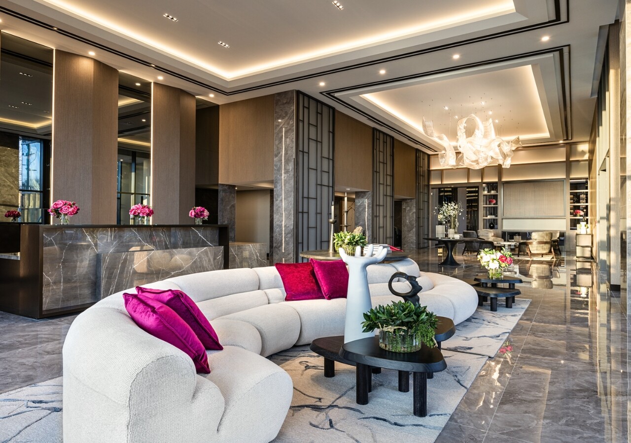 Westpark rental condos reception with fireplace and relaxation area